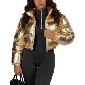 Women's Gold Polyester Metallic Shinny Cropped Zip Up Quilted Puffer Jacket